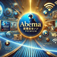 ABEMAプレミアム 料金解説」のタイトルとともに、ドラマ、アニメ、スポーツ、映画など多彩なコンテンツを楽しめるイメージを表現した画像。プレミアム感を強調する深い青と金色の配色で、ストリーミングアイコンやWi-Fiシンボルが未来的なデザインを引き立てています。