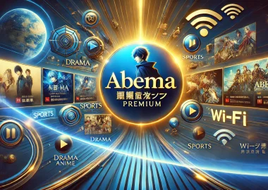 ABEMAプレミアム 料金解説」のタイトルとともに、ドラマ、アニメ、スポーツ、映画など多彩なコンテンツを楽しめるイメージを表現した画像。プレミアム感を強調する深い青と金色の配色で、ストリーミングアイコンやWi-Fiシンボルが未来的なデザインを引き立てています。