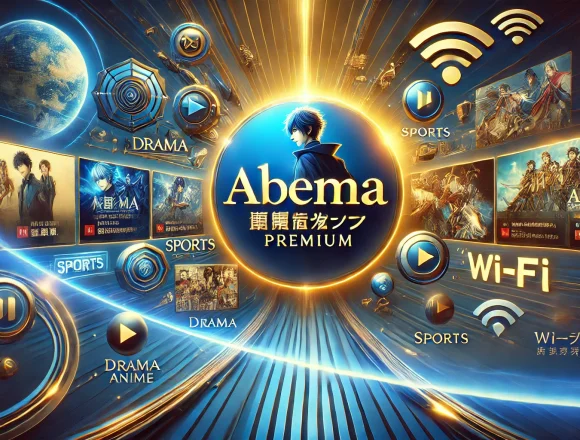 ABEMAプレミアム 料金解説」のタイトルとともに、ドラマ、アニメ、スポーツ、映画など多彩なコンテンツを楽しめるイメージを表現した画像。プレミアム感を強調する深い青と金色の配色で、ストリーミングアイコンやWi-Fiシンボルが未来的なデザインを引き立てています。