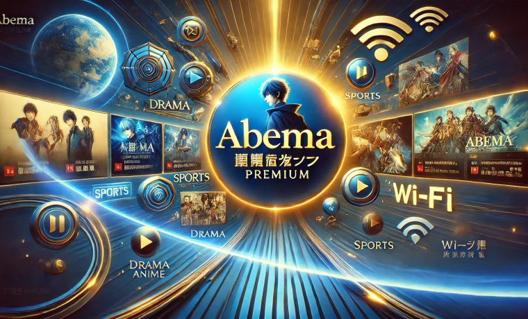 ABEMAプレミアム 料金解説」のタイトルとともに、ドラマ、アニメ、スポーツ、映画など多彩なコンテンツを楽しめるイメージを表現した画像。プレミアム感を強調する深い青と金色の配色で、ストリーミングアイコンやWi-Fiシンボルが未来的なデザインを引き立てています。