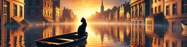 水没した街を漂う黒猫の姿を捉えた『Flow』の印象的なワンシーン。夕暮れの光に照らされた水面に映る都市の残骸が、物語の幻想的な世界観を表現している